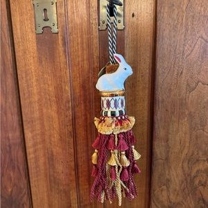 Mackenzie Childs large ceramic rabbit tassel in courtly check pattern